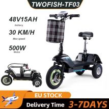 TWOFISH Zusammenklappbarer Dreiradroller, 12-Zoll-Reifen, 48 V, 15 Ah, Batterie, 500 W, 30 km/h Höchstgeschwindigkeit, mit Korb, Elektroroller für Erwachsene