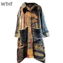 WTHT Bunter Druck Gespleißt Denim Große Taschen Langen Mantel Für Frauen 2024 Herbst Revers Einreiher Jacke Weibliche 1LS215