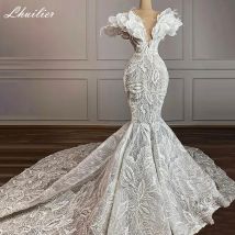 Lhuilier Maßgeschneidertes sexy Brautkleid mit V-Ausschnitt, Meerjungfrau und Spitze, ärmellos, gerüschtes Brautkleid mit Kapellenschleppe