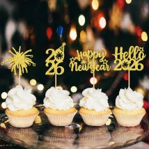 YOMDID 24Pcs 2026 Happy New Year Cupcake Toppers 2026 New Year Cupcake Toppers Firework Cupcake Topper Hello 2026 Cupcake Picks