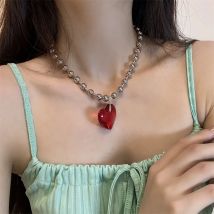 Gothic klobige rote Herz Anhänger Halskette rosa Kristall Glas Harz handgemachte wasserdichte Seil Kette Sexy Schlüsselbein Halsband neue Bijoux