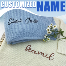 Babydecke mit individuellem Namen, gestrickt, Wickeltuch, Geschenkset für Neugeborene, Bio-Baumwolle, atmungsaktiv, Kinderzimmerbettwäsche, Babyregister Essentia