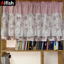 Kurzer Vorhang mit rosa Blumenspitze für die Küche, kleiner Fensterstange, Taschenoberseite, halber Vorhang, amerikanischer Pastoraldruck, Zimmertürvorhänge
