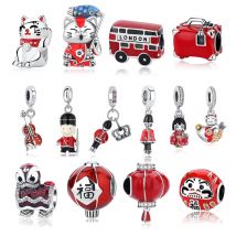 Original 925 Sterling Silver Charms Red Beads Bus Daruma Doll CZ Bracelets Bangles Necklaces For Women DIY Jewelry