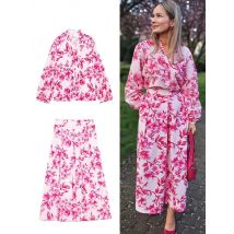 HH Frauen Rosa Blumen Druck Bluse Rock Anzug Lange Ärmel Shirts Zurück Zipper Hohe Taille Röcke Frau Süße Streetwear Sets