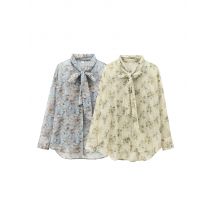 2024 Herbst und Winter Neuankömmlinge lässig lose Fliege Mode Gürtel V-Ausschnitt s vielseitig bedrucktes Langarmhemd