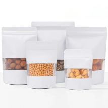 50 Stück/100 Stück mattweiße Stand-Up-Aufbewahrungsbeutel für Lebensmittel mit Fenster, individuell bedruckte Zip-Lock-Folie, gefüttert, Tiernahrung, Tee, Doypack-Beutel