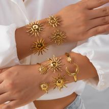 Stainless Steel Exaggerated Sunflower Opening Bracelets For Women Fashion Gold Color Punk Star Moon Cuff Bangles Party Jewelry