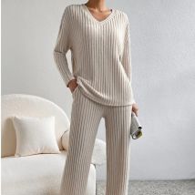 2025, frühling Mode Frauen Homewear Set Neue Stil Gerade bein Hosen + Lose-fit V-ausschnitt Rippen Stricken Pullover weibliche Casual Pyjamas