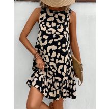 Frauen Sommer Stil A-Linie Kleid Dame lässig O-Ausschnitt ärmellose Leoparden muster Kleid Vestidos