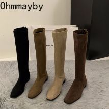 Designer Vintage Frauen Kniehohe Stiefel Fashion Square Low Heel Schuhe Concise Schlanke Lange Botas De Mujer