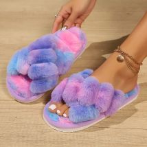 Farbe Kreuz Pelzigen Hausschuhe Frauen Herbst Winter Innen Offene spitze Flauschigen Rutschen Frau Bequeme Weiche Flache Schuhe Weibliche Flip-Flop