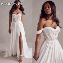 Roddrsya Boho Brautkleid 2024 Braut Spitze träger losen Chiffon geteilt eine Linie Brautkleid von der Schulter Schatz Robe de Mariée Boho Hochzeitskleid 2024 Braut Spitze trägerlos  Chiffon Split A