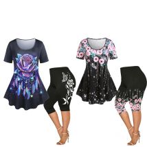 ROSEAGL-Passendes Set für Damen Plus Size Outfits 3D Butterfly Floral Printed Tees, Capri Leggings Extra Große Anzüge Color block