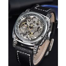 LONGLUX automatic watch retro style wholesale mechanical wristwatches skeleton carve waterproof leather no logo mens watch