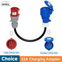 Ladeadapter für Elektrofahrzeuge, Konvertierung von 22 kW auf 7 kW, 3 Phasen auf 1 Phasen, 32 A, roter CEE-Stecker, 5-polig, Verbindung mit blauer Buchse, 3-polig