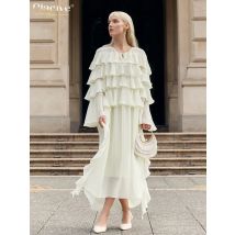 Clacive Casual Lose Beige Frauen Kleid 2025, Mode Oansatz Langarm Knöchel Länge Kleider Elegante Klassische Rüschen Weibliche Kleid