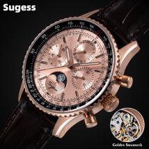 Sugess Watch Mens Moonphase Pilot Chronograph Mechanical Wristwatches Tianjin ST1908 Movement Swanneck Sapphire Crystal Luminous