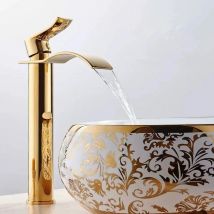 Tuqiu-grifo de baño dorado, grifo de lavabo de cascada, grifo mezclador de lavabo de un solo mango, grifo de baño, grifo de grúa de agua de fregadero de latón
