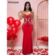 Neue Mode Senior Abend Party Rot Spaghetti Strap Diamanten Design Hochzeit Kleider Kleid Frauen Elegante Bodycon Geburtstag Vestidos