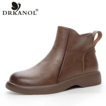 Drkanol Herbst Winter warme Plüsch Stiefeletten für Frauen echte Rindsleder Retro-Stil flache kurze Stiefel Damen Baumwoll schuhe große Größe 42