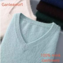 Men's 100% Pure Mink Cashmere Sweater V-Neck Pullover Sweater Knitted Sweater Autumn Winter New Long Sleeved High-end Loose Tops