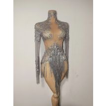 Luksusowa, błyszcząca sukienka z frędzlami z dżetów, seksowna, prześwitująca, damska, strój do tańca latynoamerykańskiego, na bary, do klubów nocnych, na imprezy, na występy sceniczne.