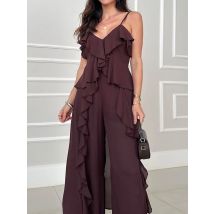 Zweiteilige Sets mit Spaghettiträger, Rüschen, V-Ausschnitt und Oberteil, Damen-Sommer-Solid-Patchwork-Chic-Outfit, lässige Hose mit weitem Bein, Damenanzüge