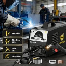 HZXVOGEN Saldatrice 5-in-1 in Alluminio con Inverter IGBT, Schermo LED, Saldatrice a Impulsi per Elettrodo/Metallo a Filo Continuo MIG/MIG a Gas/TIG Lift