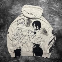 DENJIxREZE hoodies grey y2k chainsawman pullover streetwear top harajuku oversized sweatshirt zipper hoodie women men clothes