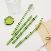 4Pcs 200*8mm Reusable Straws Glass Straws Green Bamboo Design with 1 Cleaning Brush for Smoothies Milkshakes Juices Tea