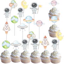 16pcs Carton Plane Rocket Cake Toppers Astronaut Planet Cupcake Topper for For Outer Space Birthday Party Decoration DIY Gifts
