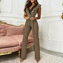 Office Lady Sleeveless Jumpsuit Fashion Houndstooth Print Deep V-Neck Button Straight Jumpsuit  Summer New Elegant Commuting