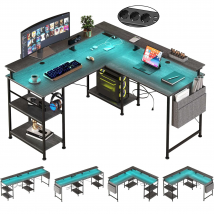 Biurko w kształcie litery L, stół komputerowy z półką, gniazdem, USB, LED, RGB, biurko do gier, szare/czarne