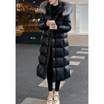 New Winter Fashion Long Sleeve High Neck Zipper Fur Collar Solid Color Slim Fit Hooded Down Jacket For Women