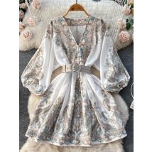 Frühling Französisch Retro Gedruckt Kleid Frauen Einzelne Brust Sexy V-ausschnitt Laterne Hülse Midi Kleider Elegante Party Kleid mit gürtel