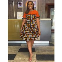 Elegante Indie Folk Afrikanische Orange Mid Kleider Frauen A-linie Oansatz Kurzarm Lose Druck Dashiki Ankara Geburtstag Festival Robe