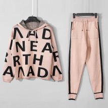 Koreanisches Design Gestrickte 2-teilige Sets Frauen Mit Kapuze Druck Strickwaren Pullover Pullover Tops Conjuntos Hohe Taille Harem Hosen Outfit