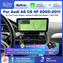 FAZY 12,3-calowy ekran radia samochodowego z systemem Android 14 do Audi A6 C6 4F 2005-2011 GPS Multimedia Stereo 8+256GB RAM 4G WIFI