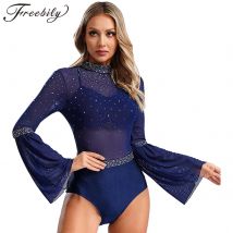 Damen Eiskunstlauf-Body, Rhythmische Gymnastik, Overall, ausgestellte Ärmel, Ballett, Tanz, Trikot, Tanzbekleidung, Performance-Kostüm