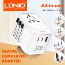 LDNIO International Travel Adapter GaN Ricarica Veloce con USB 2 Tipo C All-in-one Caricatore Universale Convertitore Presa, EU/UK/USA/AUS per Viaggi