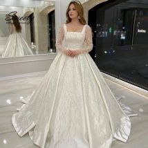 Luxus Hochzeit Kleid Bestickte Spitze Perlen Mit Prinzessin Ballkleid Quadrat Kragen Fullsleeve Braut Vestido De Novia Angepasst