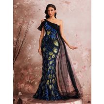 BLUEPLUM Elegant Shoulder slant Splice Sequins Formal Evening Dresses Sleeveless Mermaid Luxury Party Streamer Cocktail Gowns