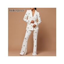 TWOTWINSTYLE Patchwork Diamanten Zwei Stück Set Für Frauen Kerb Kragen Langarm Blazer Hohe Taille Flare Hose Chic Sets Weibliche