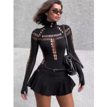 FHSEER Women's Sexy Bodysuit Y2K High Neck Bodycon Circle Cutout Front & Lace-up Mesh Sleeve Stretchy Edggy Clubwear Streetwear