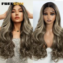 FREEDOM Synthetische Lace-Front-Perücken für Frauen, 61 cm lang, gewellt, Ombre-Blond, Braun, Spitzenperücke, hitzebeständig, Cosplay-Spitzenperücken
