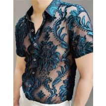 Green High Quality Transparent Floral Shirt Soft Velvet Slim-fit Men's Clothing Nightclub Short-sleeved Sexy Shirt See Through