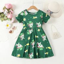 Sommermädchen süßes lässiges modisches Freizeitkleid mit Volldruck, Rundhalsausschnitt, kurzen Ärmeln und Taille