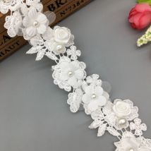 1 yard White Pearl Rose Flower Embroidered Lace Trim Ribbon Wedding Applique DIY Manual Sewing Supplies Craft Decoration 4cm