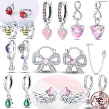 S925 Silber rosa Herz Schleife Creolen/Ohrstecker/Tropfen Ohrringe mit funkelndem Zirkonia, Stern Mond, Bienen und Marienkäfer Charms Schmuck Geschenke